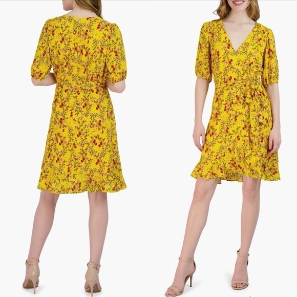 JULIA JORDAN Floral Faux Wrap V-neck Ruffled Yellow Mini Dress Sz 6 - Picture 1 of 7